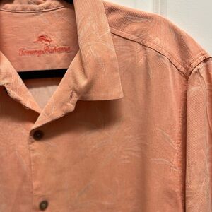 Tommy Bahama Silk Short Sleeve Button Down Shirt floral pocket XL peach damask